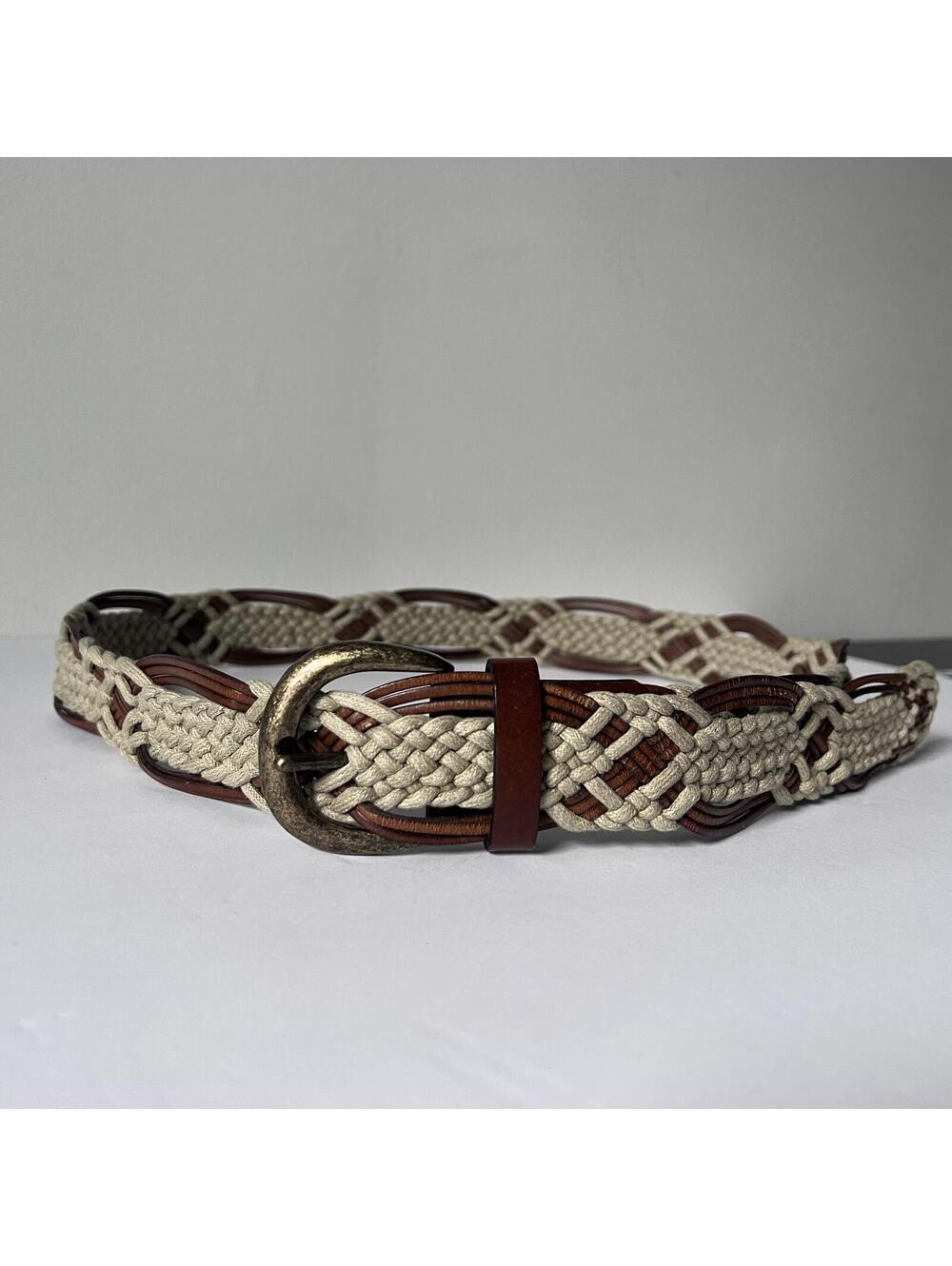 Faded Glory Vintage Braided Woven Leather Trim XL Belt Metal Buckle Boho Y2K